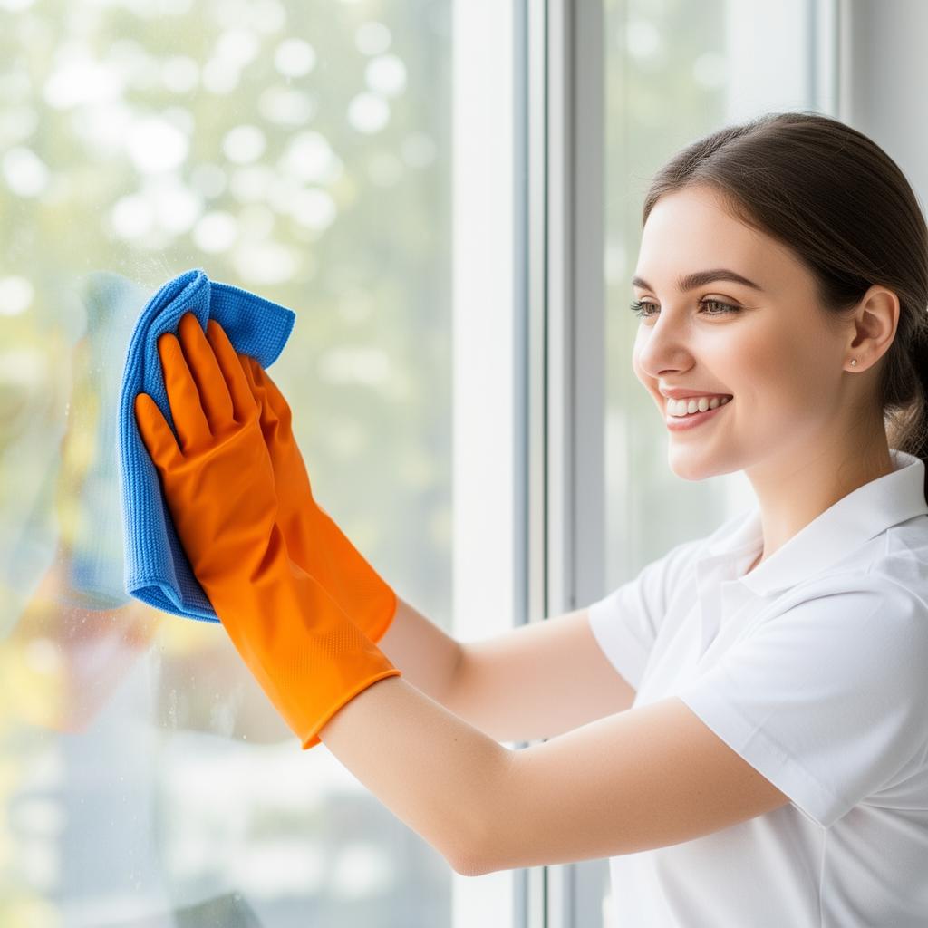 Lächelnde Reinigungskraft in Heidelberg putzt streifenfrei ein Fenster